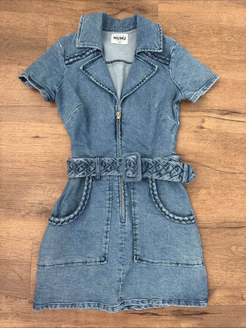 Show Me Your MuMu Light Wash Denim Mini Dress with Braided Belt - Picture 5 of 8